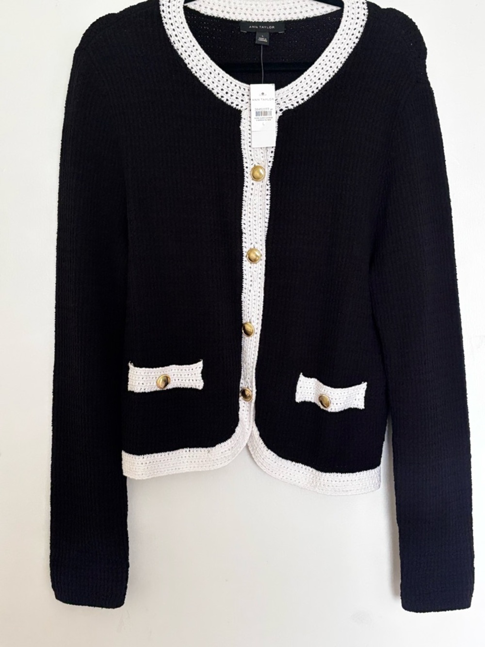 Ann Taylor Colorblock Sweater Jacket NWT| Black Cream Trim|Gold Buttons | Size L